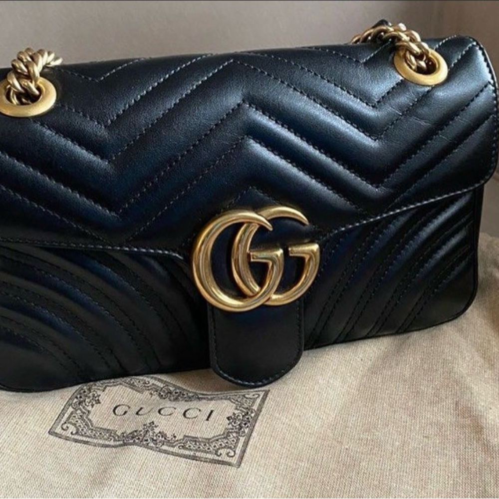 Gucci Black and Gold Chevron Quilted Shoulder Bag